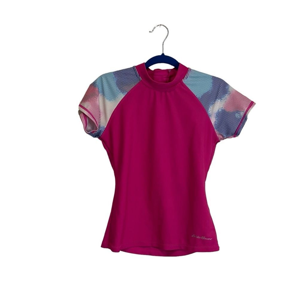 Eddie Bauer Rash Guard Girls Top Size S 7/8 Pink Tie Dye Short Sleeve Swimwear